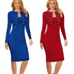 Nice-forever Winter Long Sleeve Buttons office Business Dress Elegant Plus Size Women Vintage Pinup Bodycon Pencil Dress b10