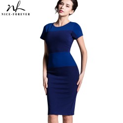 Nice-forever new Women's summer knee-length Vintage European Style Back Zipper Stripe Splicing Pencil Bodycon party Dresses 463