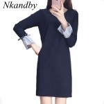 Nkandby 5XL 4XL XXXL Plus size Women Clothing Autumn Fashion Slim O-neck Flare sleeve Bow A-line Oversized Ladies Navy Dresses