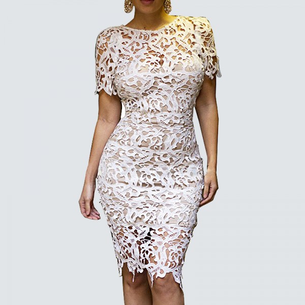 No Lining Midi summer casual Women white Sexy Lace Unlined womens short sleeve Bodycon bandage Pencil women's vintage dress 790