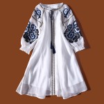Noble Casual Mini Dress Women XXXL Summer 2017 Lantern 3/4 Sleeve Floral Embroidery Tassel National Ethnic Blue White Dress