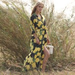 Novelty Dresses 2017 New Spring Half Sleeve Turn-down Collar Lemon Print Slim Belt Loose Casual Split Fashion Dress