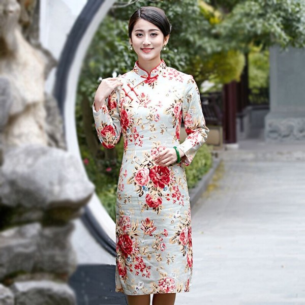Novelty Stylish Chinese Style Dress Ladies' Cheongsam Elegant Slim Linen Cotton Knee-Length Qipao Size S M L XL XXL XXXL 2528-1
