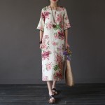 O-neck Half sleeve Flower print Linen Women Dress Loose Causal Floral Summer Midi Dress Vintage Cute Linen Brand Dresses A069