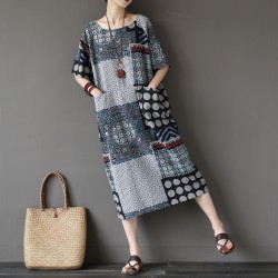 O-neck Short sleeve Plus size Women Dress Geometric print Pocket Original Summer Long Dress Vintage Robe Femme Vetsidos A121