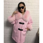OFTBUY 2016 new autumn winter jacket women fashion 100% real fox fur loose oversize pink black overcoat long woolen ladies coats