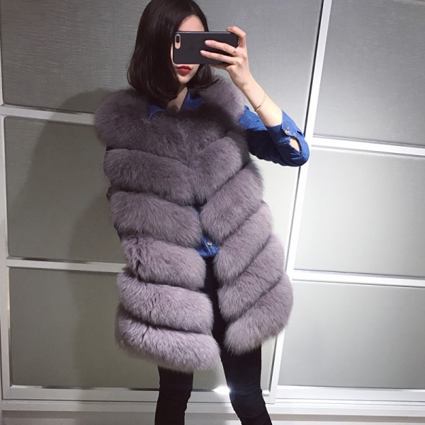 OFTBUY 2017 spring jacket women basic coat 100 real natural fox fur vest long coat colored sleeveless striped loose high quality