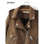 OFTBUY Women basic coats 2017 streestyle spring brown lapel Epaulet Zippers Sashes Suede motorcycle faux leather Jacket women