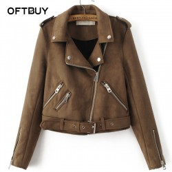 OFTBUY Women basic coats 2017 streestyle spring brown lapel Epaulet Zippers Sashes Suede motorcycle faux leather Jacket women