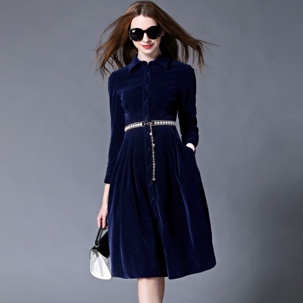 OL Style Blue Velvet Dress Winter Dresses Women 2017 Vestido Longo Woman Long Sleeve Office Dress Ropa Mujer Robe Longue 732102