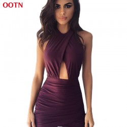 OOTN 6001 sleeveless hollow out mini dress women party dresses purple burgundy club dresses bodycon ladies sexy vestidos fashion
