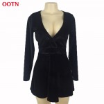 OOTN Casual black long sleeve low-cut winter&autumn women ball gown trend party dress sexy plunging velvet fashion mini dress