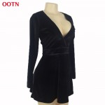 OOTN Casual black long sleeve low-cut winter&autumn women ball gown trend party dress sexy plunging velvet fashion mini dress