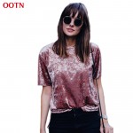 OOTN LDTX002 2017 Summer Spring Velvet T Shirt Pink Fashion Tees Women Short Sleeve Tops hot new high quality Cotton Softness