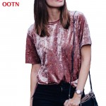 OOTN LDTX002 2017 Summer Spring Velvet T Shirt Pink Fashion Tees Women Short Sleeve Tops hot new high quality Cotton Softness