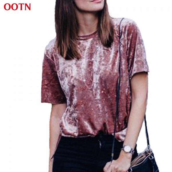 OOTN LDTX002 2017 Summer Spring Velvet T Shirt Pink Fashion Tees Women Short Sleeve Tops hot new high quality Cotton Softness