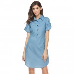 OOTN Women Denim Dresses Blue Pockets Button Down Casual Turn Down Collar Cardigan Female Shirt Dress Short Sleeve Summer Autumn