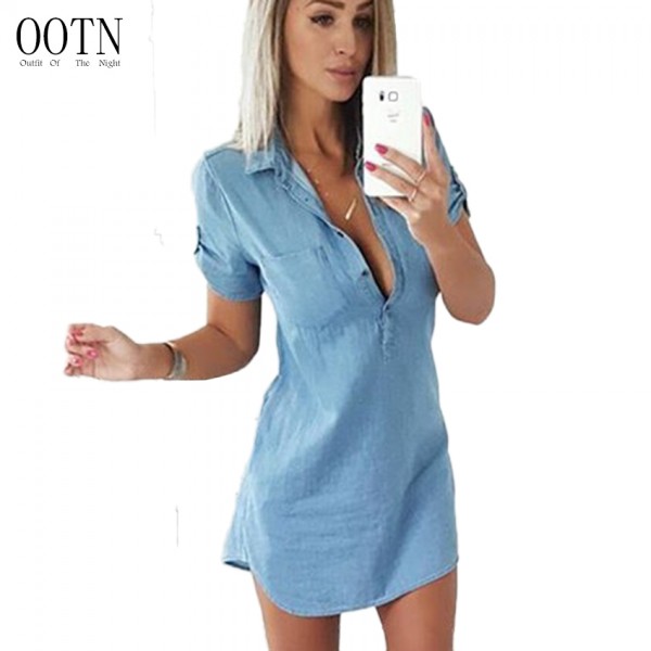 OOTN Women Denim Dresses Blue Pockets Button Down Casual Turn Down Collar Cardigan Female Shirt Dress Short Sleeve Summer Autumn