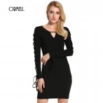 ORMELL V Neck Chiffon Women Dress Lace Up Long Sleeve Dress 2016 Autumn Winter Bodycon Party Dresses Vestido De Festa