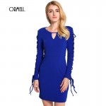 ORMELL V Neck Chiffon Women Dress Lace Up Long Sleeve Dress 2016 Autumn Winter Bodycon Party Dresses Vestido De Festa