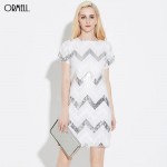 ORMELL Women Geometric Pattern Glitter Dress Short Sleeve O Neck Dresses Ladies Summer Retro Straight Mini Party Dress