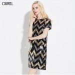 ORMELL Women Geometric Pattern Glitter Dress Short Sleeve O Neck Dresses Ladies Summer Retro Straight Mini Party Dress