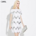 ORMELL Women Geometric Pattern Glitter Dress Short Sleeve O Neck Dresses Ladies Summer Retro Straight Mini Party Dress