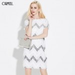 ORMELL Women Geometric Pattern Glitter Dress Short Sleeve O Neck Dresses Ladies Summer Retro Straight Mini Party Dress