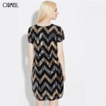 ORMELL Women Geometric Pattern Glitter Dress Short Sleeve O Neck Dresses Ladies Summer Retro Straight Mini Party Dress