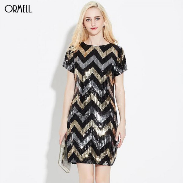 ORMELL Women Geometric Pattern Glitter Dress Short Sleeve O Neck Dresses Ladies Summer Retro Straight Mini Party Dress