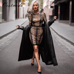 Ocstrade High Quality Women Fashion 2017 Hot New Arrival Sexy Black and Nude Mesh Long Sleeve Bodycon Dress Lace up