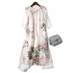 [Ode To Joy]Silk print summer dress women natural Mid-Calf beach dress lady's party sexy dresses white Chinese ink painting