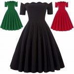 Off Shoulder Short Sleeve 2017 50s Vintage Rockabilly Dresses Green Red Black Swing Dress Robe Femme Pinup Dresses Vestidos