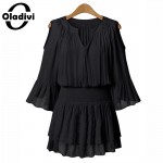 Oladivi 5XL Plus Size Women Chiffon Dresses 2017 Summer Off Shoulder Lantern Sleeve Elastic Slim Waist Pleated Short Mini Dress