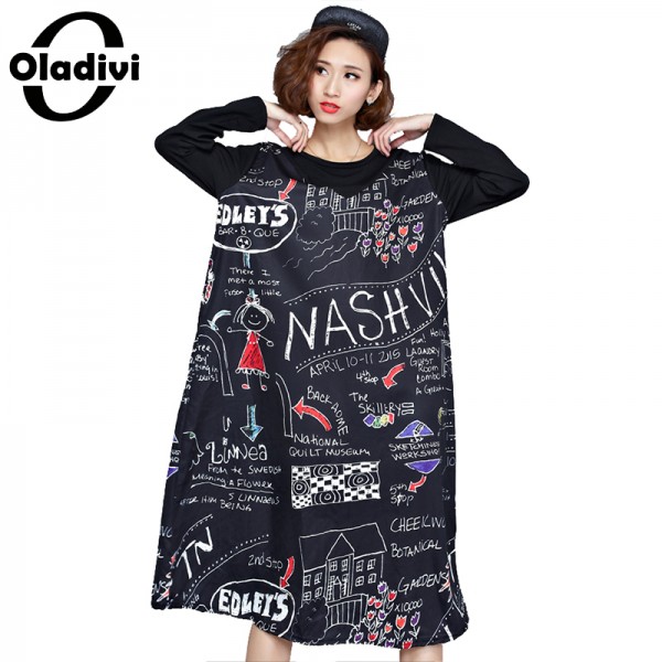 Oladivi Fashion Printing Casual Dresses 2017 Spring Large Plus Size Women Clothing Loose Big Dress Black Long Tops Shirts Tunics