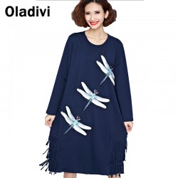 Oladivi Fashion Women Dragonfly Rhinestone Casual Loose Cotton Tassel Dress Lady Long Dresses 2017 Spring Plus Size Clothing 5XL