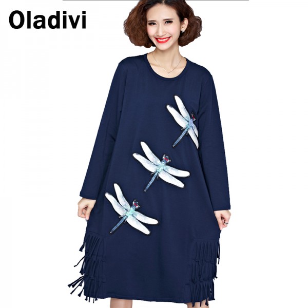 Oladivi Fashion Women Dragonfly Rhinestone Casual Loose Cotton Tassel Dress Lady Long Dresses 2017 Spring Plus Size Clothing 5XL