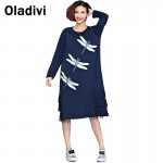 Oladivi Fashion Women Dragonfly Rhinestone Casual Loose Cotton Tassel Dress Lady Long Dresses 2017 Spring Plus Size Clothing 5XL