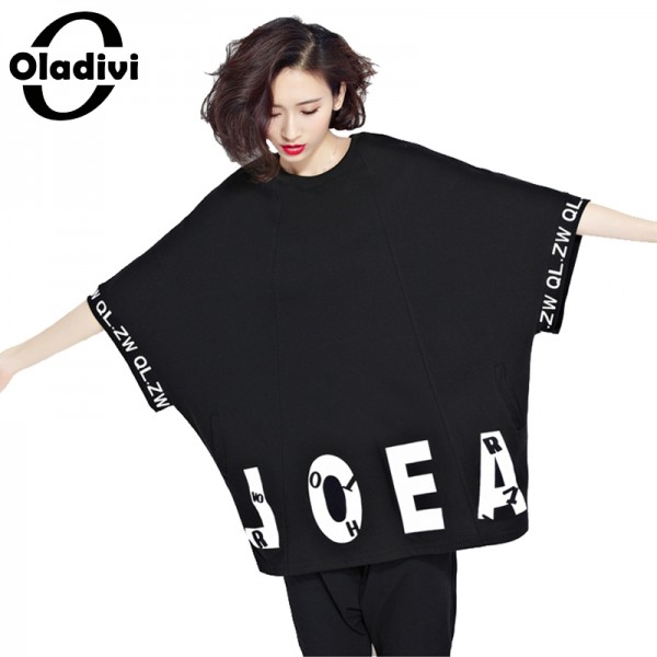 Oladivi Plus Size Women T-Shirt Letter Printing Batwing Sleeve Tumble Tops Tees Shirts Cotton Short Design Female Fashion Tunics