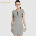 Oukytha 2017 Summer Leisure Women Self-cultivation O-Neck dress Short Sleeves  Soild Zipper Pockets  Pack hip dress   M15029