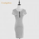 Oukytha 2017 Summer Leisure Women Self-cultivation O-Neck dress Short Sleeves  Soild Zipper Pockets  Pack hip dress   M15029