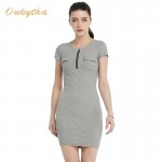 Oukytha 2017 Summer Leisure Women Self-cultivation O-Neck dress Short Sleeves  Soild Zipper Pockets  Pack hip dress   M15029