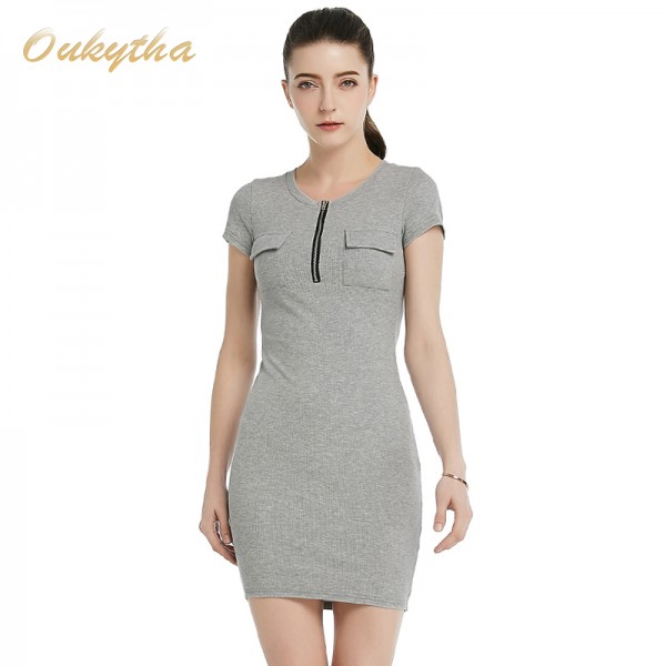 Oukytha 2017 Summer Leisure Women Self-cultivation O-Neck dress Short Sleeves  Soild Zipper Pockets  Pack hip dress   M15029