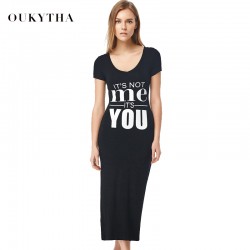 Oukytha 2018 Summer Dress Lettter Print Deep O-Neck Long Ankle-Length Dress Short Sleeve Women Cotton Casual Black Dress S15193