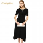 Oukytha Free Shipping 2017 Summer Dress Crew Neck Buttons Front short Sleeve Womens Stretch Maxi Ankle Length Long Dress S15296