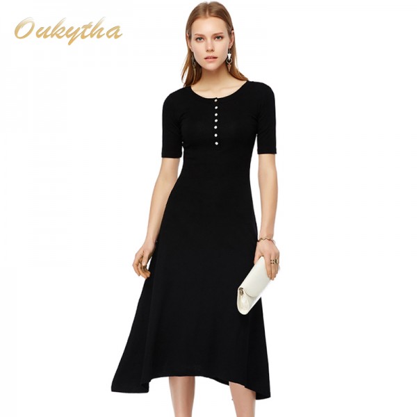 Oukytha Free Shipping 2017 Summer Dress Crew Neck Buttons Front short Sleeve Womens Stretch Maxi Ankle Length Long Dress S15296