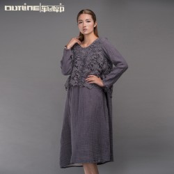 Outline Original Design Women Dress Vintage National Trend Cotton Dress Plus Size Loose Long-sleeve Lace Applique Dress L153Y006