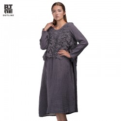Outline Original Design Women Dress Vintage National Trend Cotton Dress Plus Size Loose Long-sleeve Lace Applique Dress L153Y006