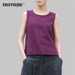 Outline Women Linen Tank Top O-Neck Solid Casual Summer Vest Vintage Sleeveless Lady Tops Ruched Short Loose Camis L142Y001