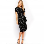 Oxiuly 2017 New vintage Polka Dot print short sleeve puff Natural Round-Neck knee-length Wear to Work Pencil Dress